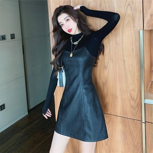 吊带皮裙两件套裙子2026春秋季新款长袖收腰显瘦气质连衣裙女百搭