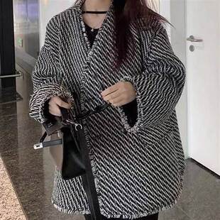 格子双排扣小香风外套女新款秋冬款外穿气质宽松学生百搭显瘦大衣