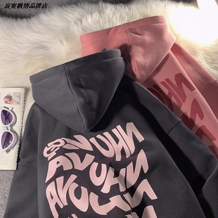 加厚卫衣连帽潮女韩版炸街印花宽松春季加绒棉字母外套情侣装