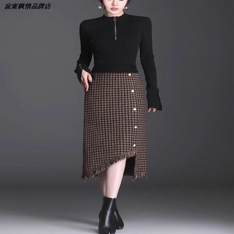 女格子新款流苏中长款一步裙针织不规则包臀裙半身裙高腰秋冬毛线