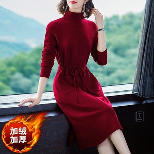 加绒/不加绒中长款毛衣裙女秋冬新款套头高领宽松过膝针织连衣裙