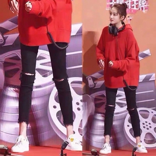 2026春秋黑色膝盖破洞牛仔裤女小脚九分裤韩版小个子高腰紧身显瘦