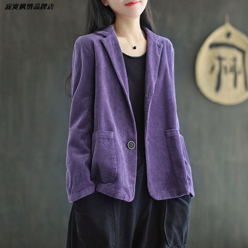 上衣春秋外套休闲复古长袖新款纯色女灯芯绒文艺口袋西装领短外套