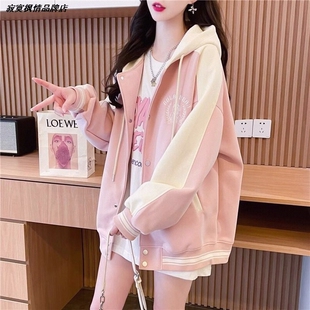 连帽宽松中长款洋气棒球服外套慵懒风卫衣休闲薄款大码女春秋学生