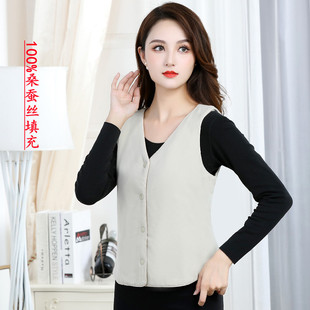 桑蚕丝马甲女士保暖棉马夹修身小背心纽扣蚕丝内胆V领真丝绵坎肩