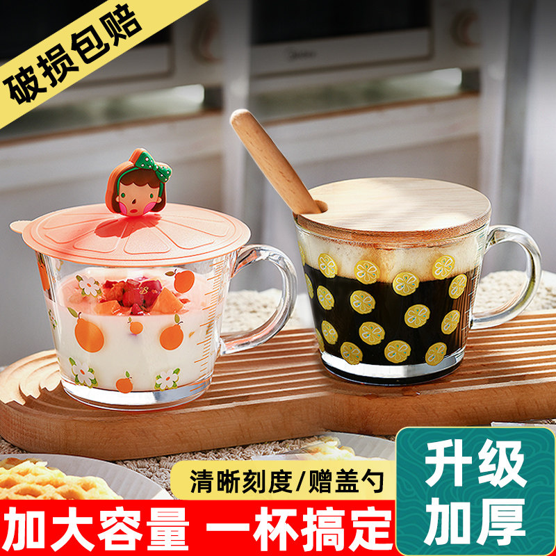 玻璃杯子高颜值带盖燕麦杯早餐杯家用刻度水杯带盖勺牛奶咖啡杯子