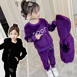 女童秋冬金丝绒套装洋气双面绒运动休闲春秋小中大童马甲卫衣三件