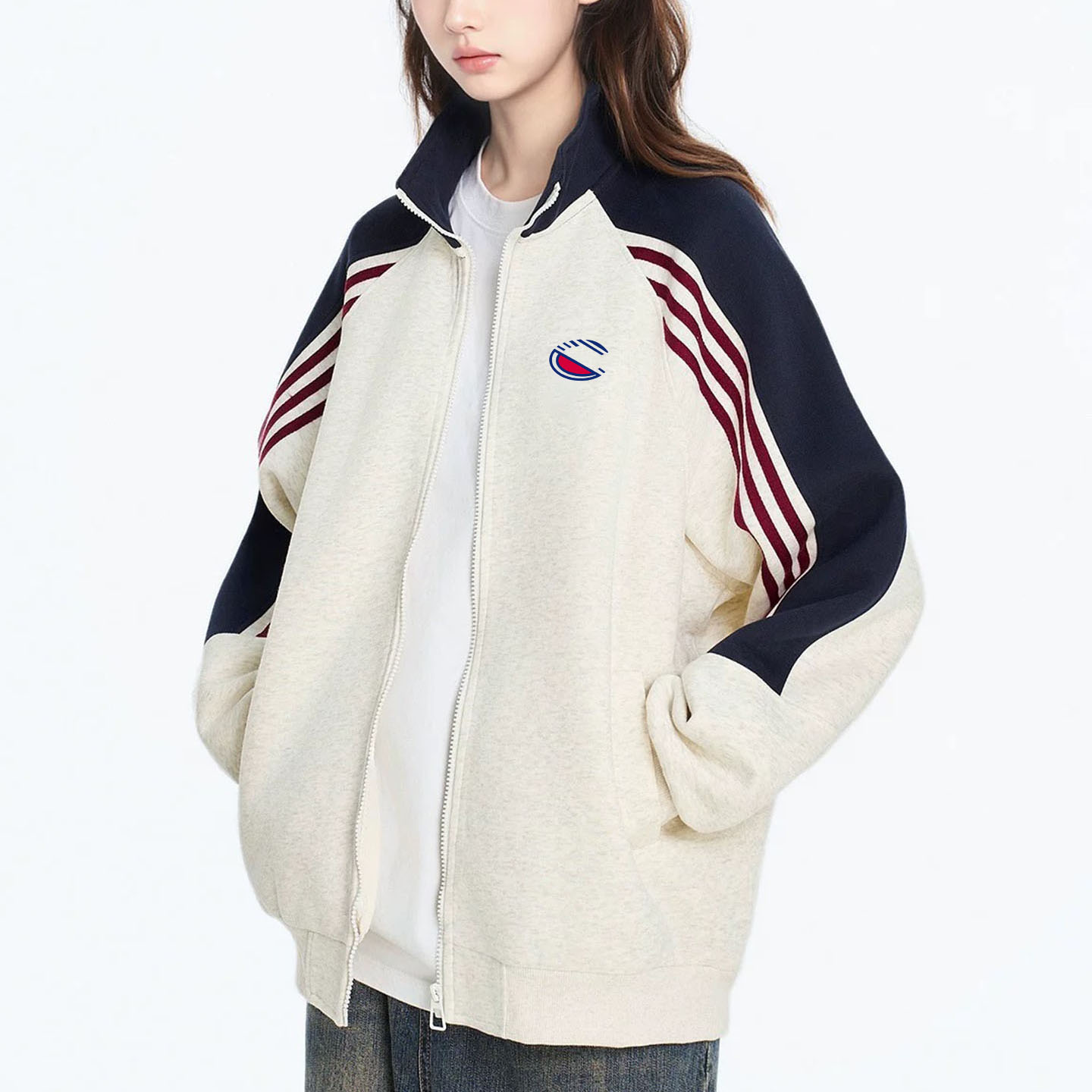 美版冠军撞色拼接运动休闲外套女春秋拉链卫衣开衫棒球服