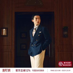 金扣双排扣男士 平圆方中布雷泽西装 海军蓝单西外套 100%全羊毛