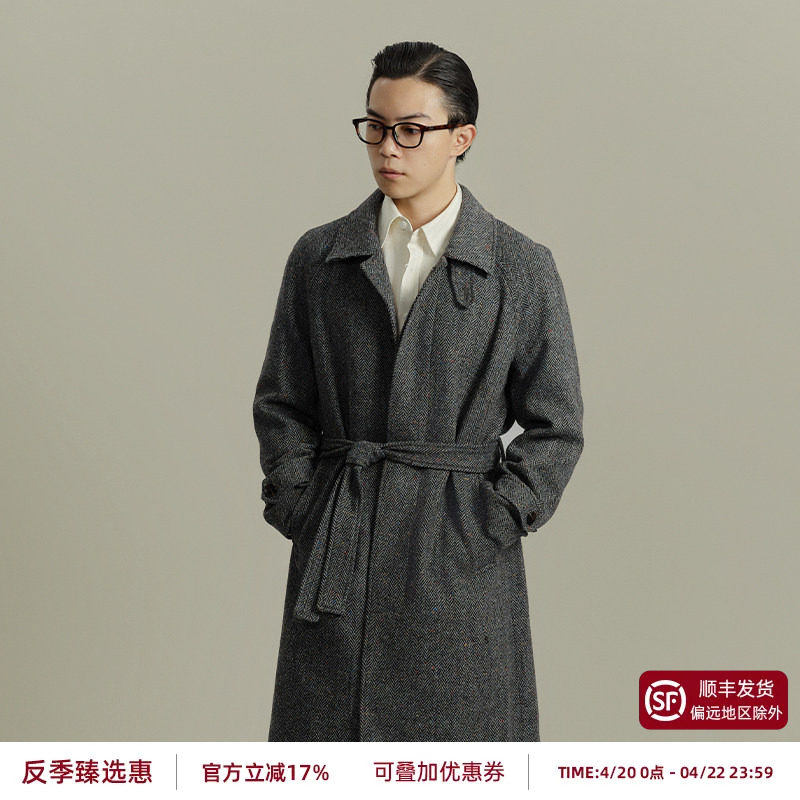 【60%羊毛】平圆方中彩点粗花呢巴尔马肯秋冬大衣复古男过膝风衣