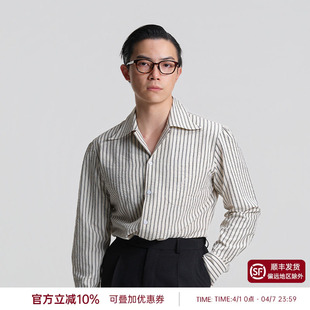 男条纹休闲抗皱衬衣外套 平圆方中泡泡纱宽松古巴领衬衫