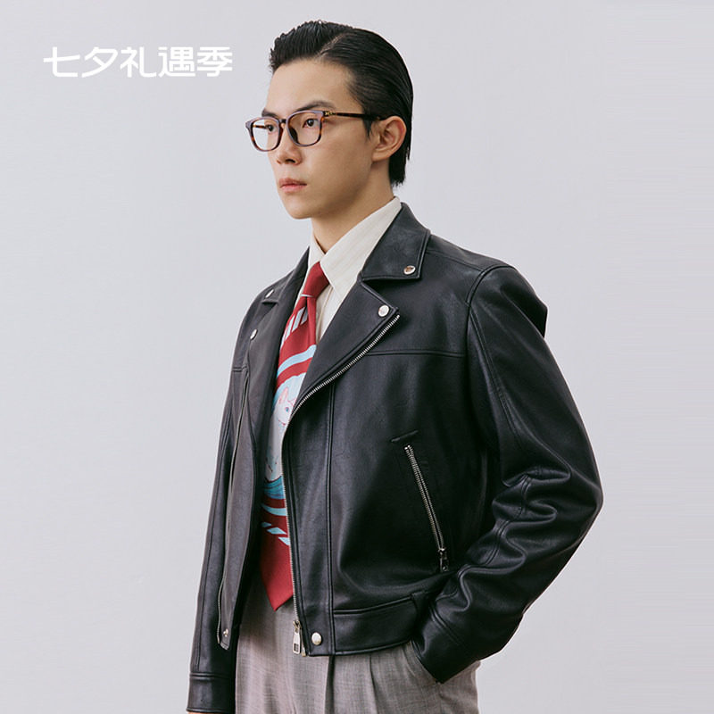 【美式复古】平圆方中春秋新款休闲PU酷飒翻领皮衣夹克外套男款