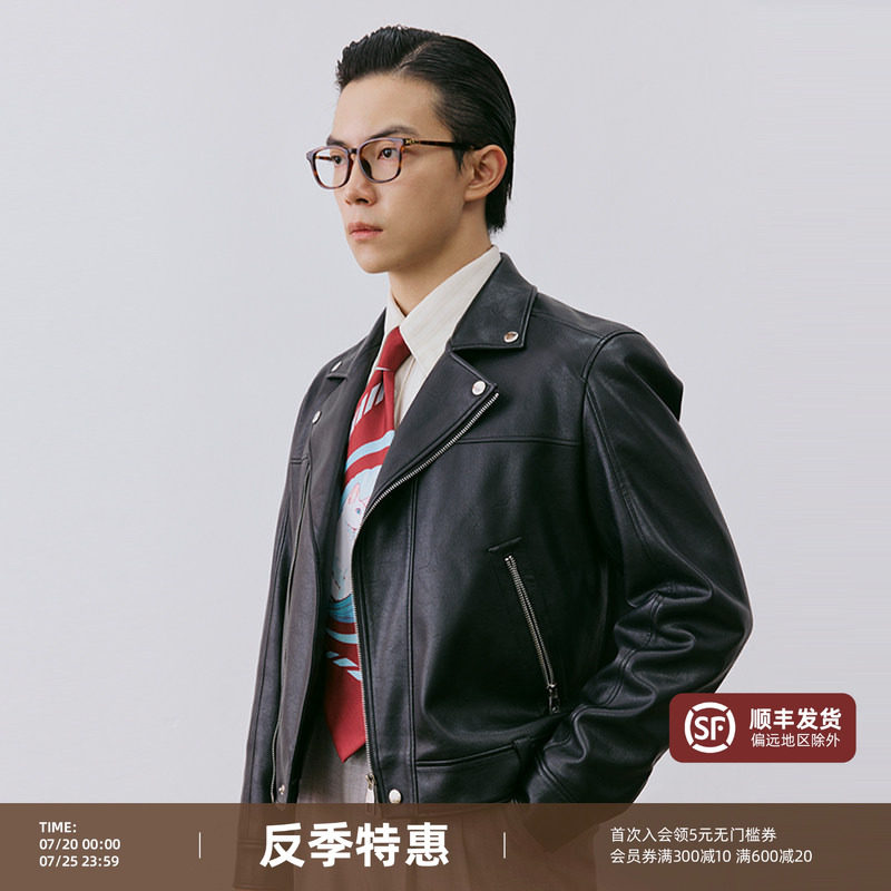 【美式复古】平圆方中春秋新款休闲PU酷飒翻领皮衣夹克外套男款