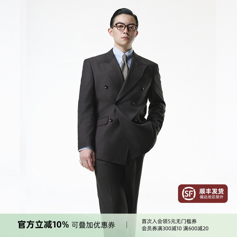 【黄金线戗驳领双排扣西服套装】平圆方中商务正装条纹西装男士