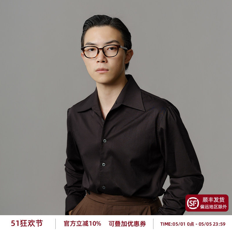 【一片领】平圆方中黑色通勤衬衫男款商务休闲西装抗皱长袖衬衣