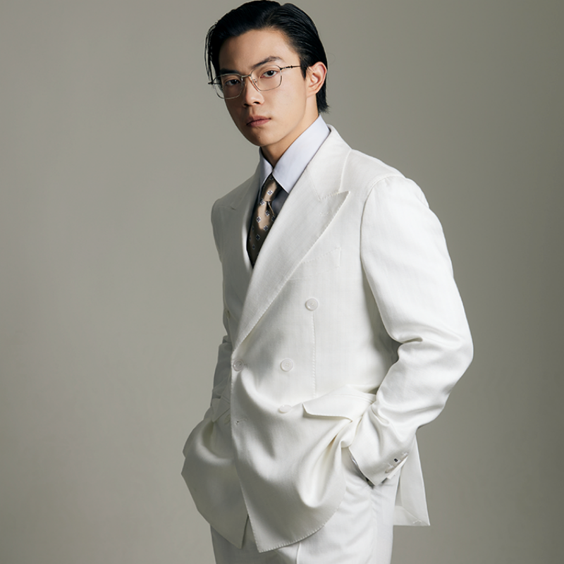 平圆方中天丝亚麻西服套装白色