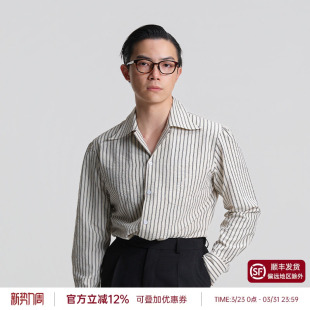 平圆方中泡泡纱宽松古巴领衬衫 男条纹休闲抗皱衬衣外套