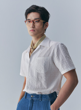 【高定肌理感】PYFZ古巴领白色短袖衬衫男轻薄透气休闲度假衬衣夏