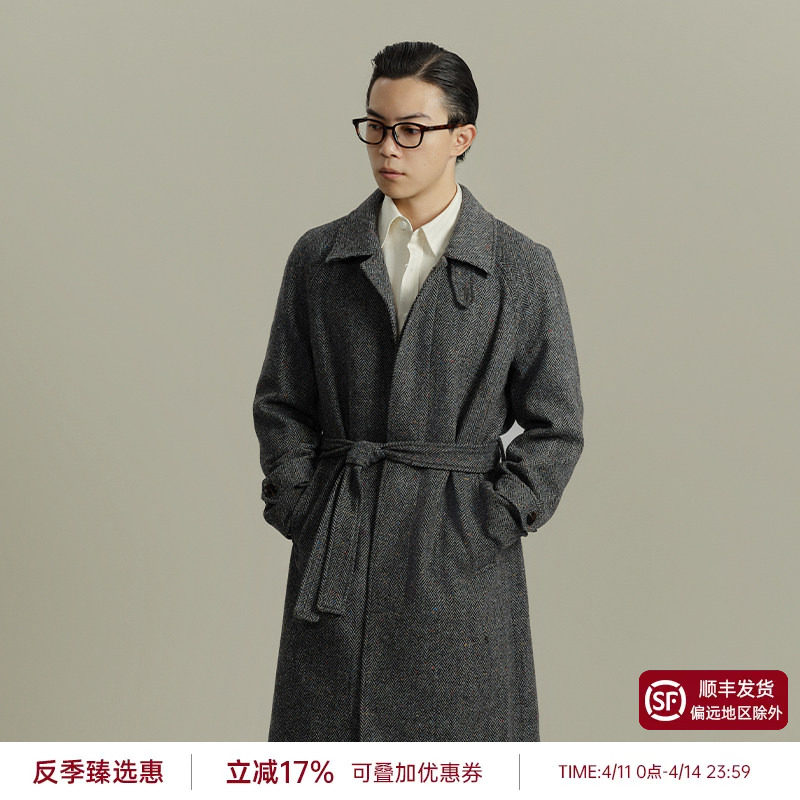 【60%羊毛】平圆方中彩点粗花呢巴尔马肯秋冬大衣复古男过膝风衣