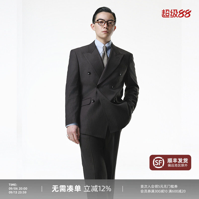 【黄金线戗驳领双排扣西服套装】平圆方中商务正装条纹西装男士
