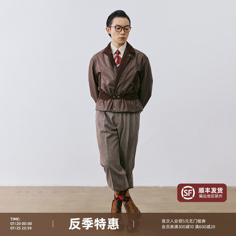 【油蜡涂层】平圆方中收腰纯棉复古休闲翻领马术夹克男外套上衣