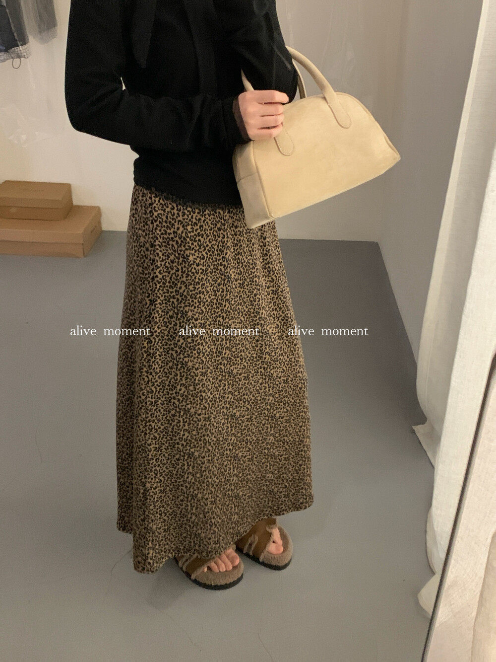 百搭豹纹半身裙里衬加绒半身裙高腰显瘦A字裙女中长款半身裙