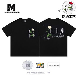 MEDM HEOAR玫瑰花立体刺绣美式街头圆领短袖潮牌情侣宽松t恤男女