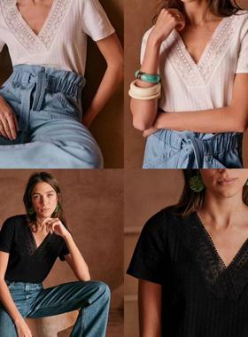 2024年秋季新款sezane女v领短袖T恤法式复古穿搭针织衫宽松显瘦