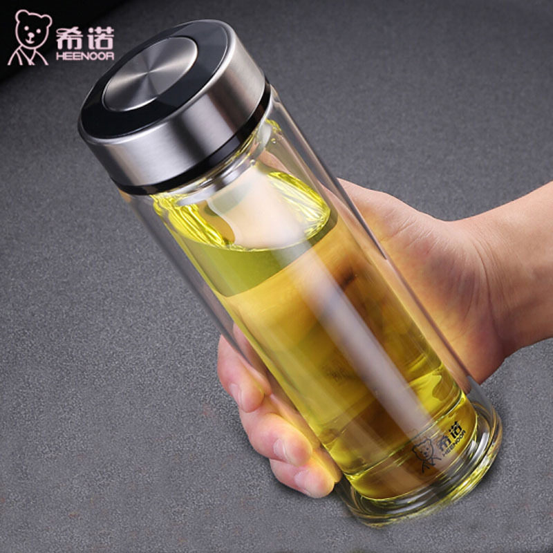 希诺玻璃杯男士双层水杯商务礼品泡茶女士水晶透明杯印字LOGO