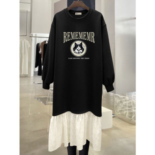 假两件卫衣女2025新款 字母黑猫宽松气质蕾丝拼接连衣裙 春秋冬薄款