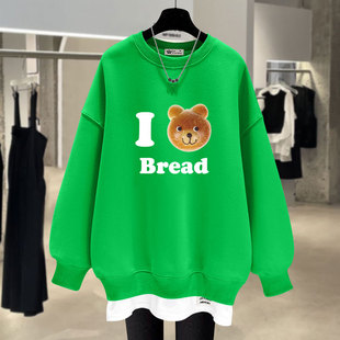 翠绿色假两件卫衣女加绒2025新款春秋冬季薄款字母卡通宽松中长款