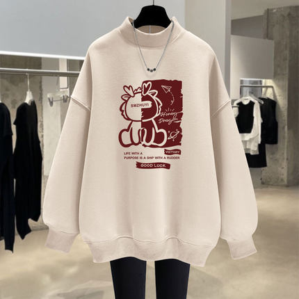 2025春秋冬新款美式龙年薄款宽松套头半高领卫衣女加绒加厚中长款