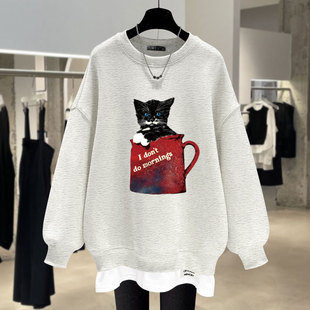 加绒加厚宽松套头圆领卫衣女潮 杯子猫咪中长款 2026春秋冬季 新款