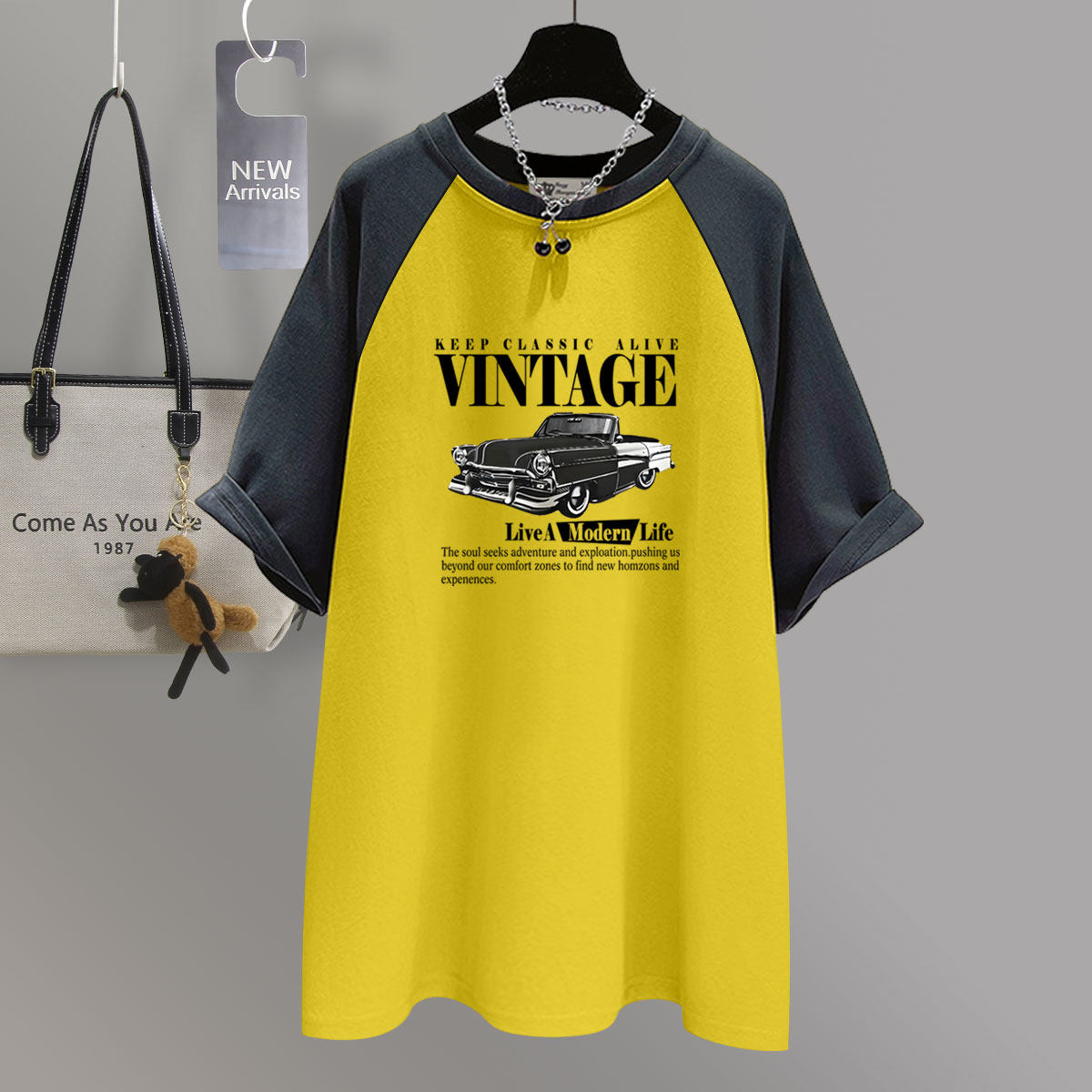 中长款插肩短袖T恤女2025夏装新款大码宽松显瘦汽车字母印花上衣