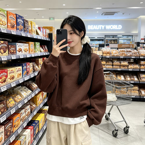 秋冬薄款加绒假两件显瘦卫衣女