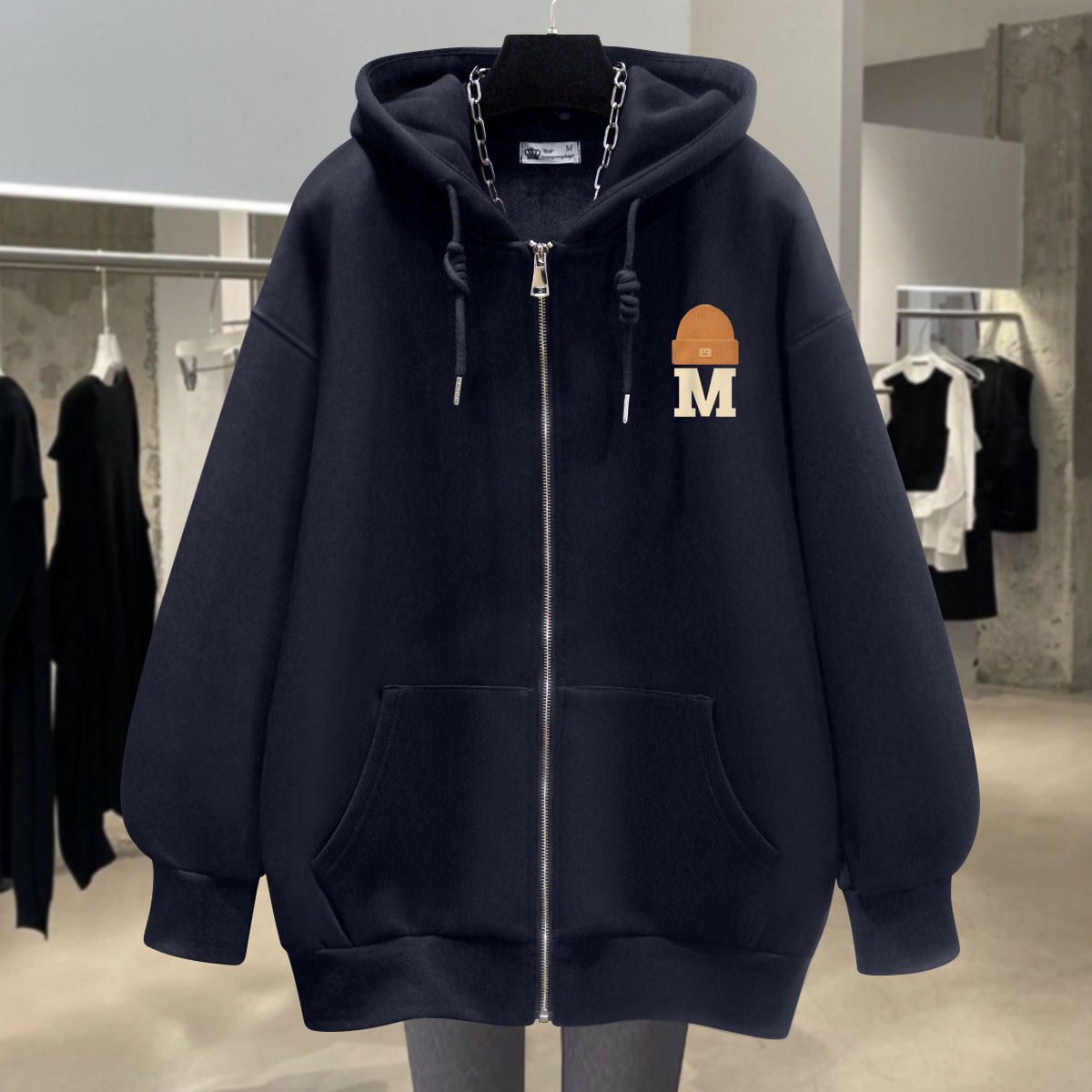 黑色连帽卫衣女加绒2025新款秋冬薄款字母带帽拉链开衫外套中长款