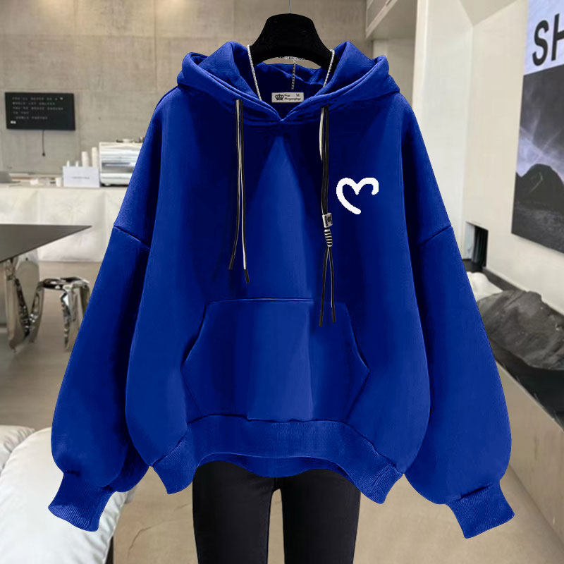 2025春秋冬季新款小爱心中长款加绒加厚宽松套头有口袋连帽卫衣女