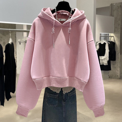 加绒宽松短款休闲纯色连帽卫衣女