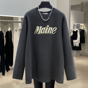 灰色磨毛t恤女长袖2025新款春秋冬字母百搭宽松德绒打底衫中长款