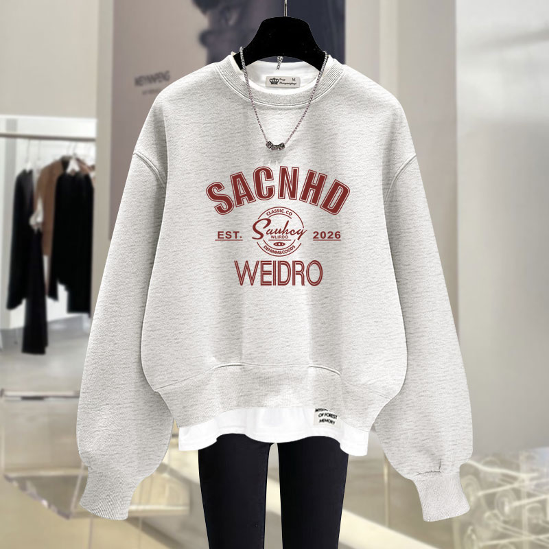 加绒宽松慵懒风印花假两件卫衣女