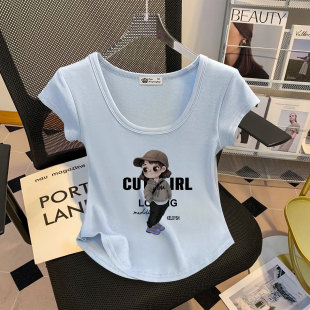 蓝色U领短袖t恤女短款2026新款夏季带帽女孩小衫下摆弧形修身上衣