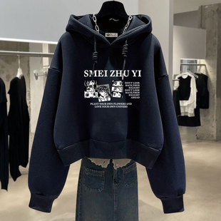 黑色连帽卫衣女加绒2026新款春秋冬薄款少女卡通带帽上衣外套短款