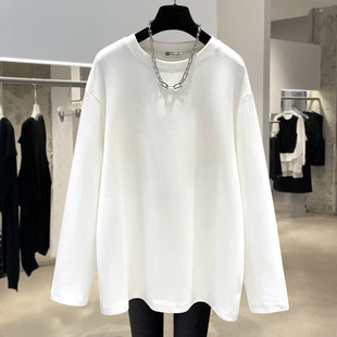 白色磨毛t恤女长袖2025新款春秋冬内搭宽松显瘦德绒打底衫中长款