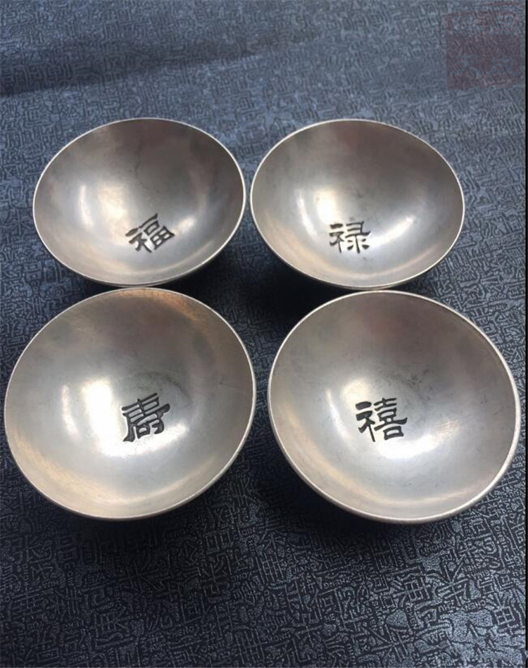 福禄寿喜老银碗茶盏纯铜镀银鎏银小银碗茶碗龙纹摆件复古文玩收藏