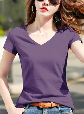 暗紫色t恤女短袖夏季2025新款洋气修身百搭体恤韩版显瘦v领上衣潮
