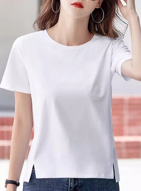 白色宽松女士t恤短袖夏季纯棉百搭正肩体恤新款洋气显瘦开叉上衣