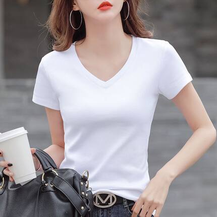 修身白色女士t恤短袖夏季时尚百搭半袖体恤洋气显瘦v领纯色上衣潮