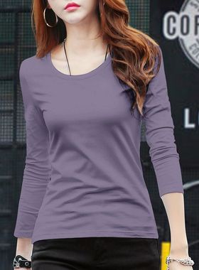 暗紫色圆领打底衫女秋季新款内搭修身长袖t恤洋气显瘦百搭上衣