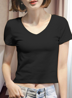 白色短款t恤女短袖紧身漏肚脐修身高腰洋气体恤韩版百搭露脐上衣