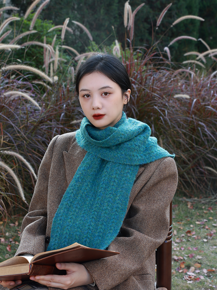 【江南细柳】秋冬复古麻花含羊毛毛线针织围巾女冬季保暖防寒围脖
